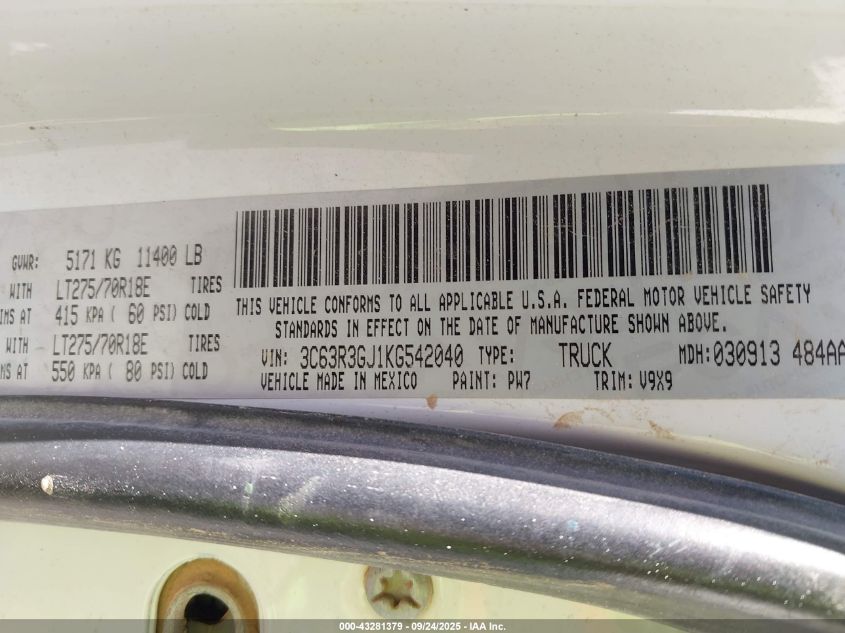 2019 Ram 3500 Tradesman 4X4 8' Box VIN: 3C63R3GJ1KG542040 Lot: 43281379