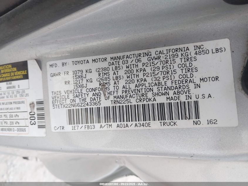 2006 Toyota Tacoma VIN: 5TETX22N66Z243365 Lot: 43281380