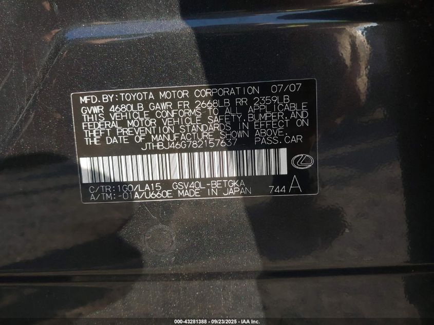 2008 Lexus Es 350 VIN: JTHBJ46G782157637 Lot: 43281388