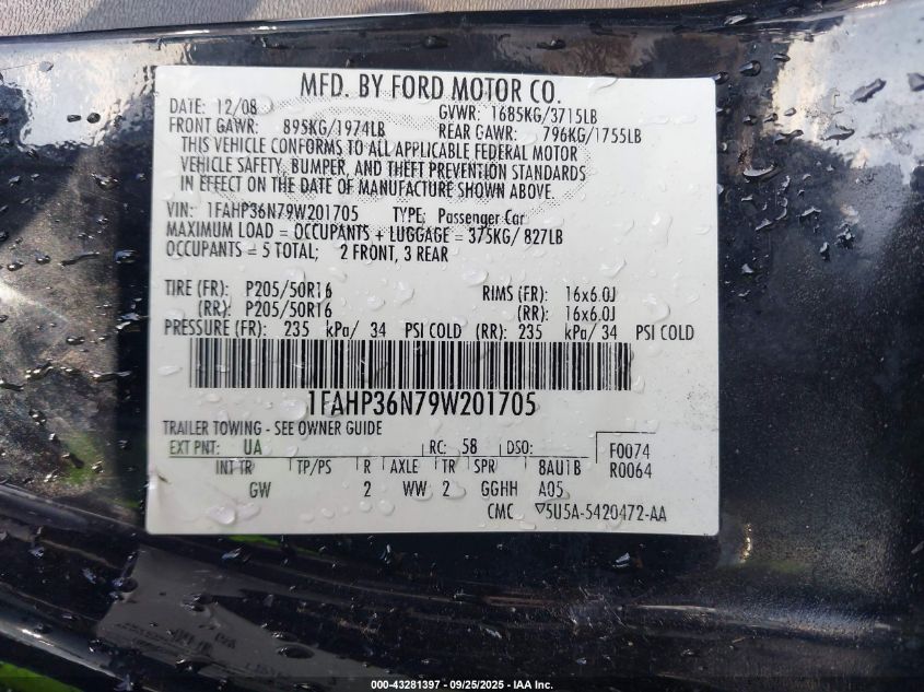 2009 Ford Focus Ses VIN: 1FAHP36N79W201705 Lot: 43281397