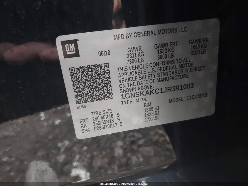 2018 Chevrolet Tahoe Ls VIN: 1GNSKAKC1JR391003 Lot: 43281402