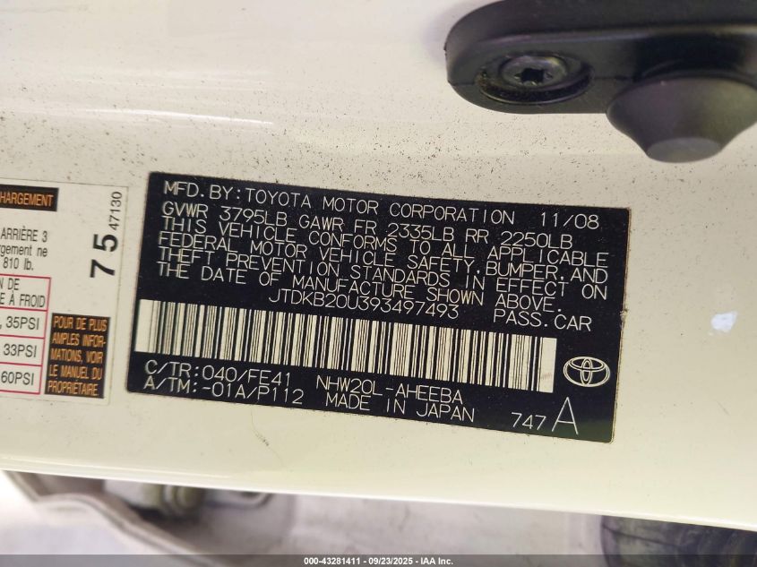 2009 Toyota Prius VIN: JTDKB20U393497493 Lot: 43281411