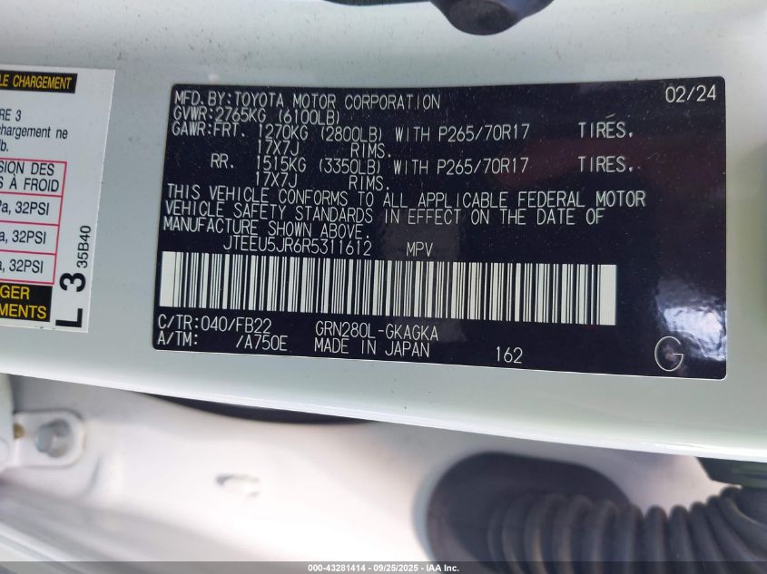 2024 Toyota 4Runner Sr5 VIN: JTEEU5JR6R5311612 Lot: 43281414