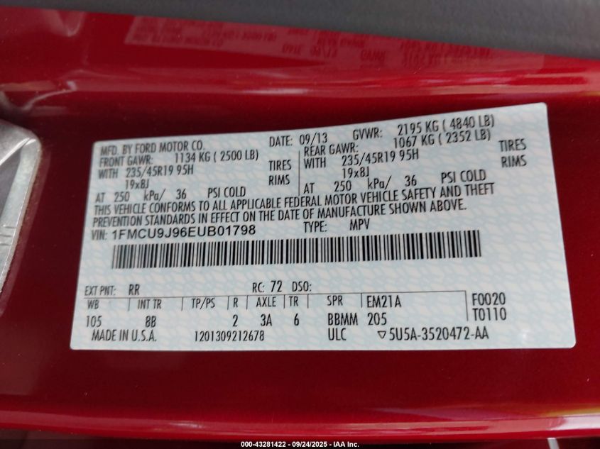 2014 Ford Escape Titanium VIN: 1FMCU9J96EUB01798 Lot: 43281422