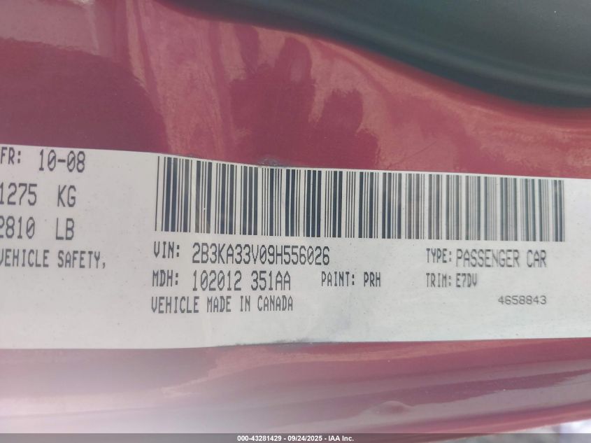 2009 Dodge Charger Sxt VIN: 2B3KA33V09H556026 Lot: 43801565