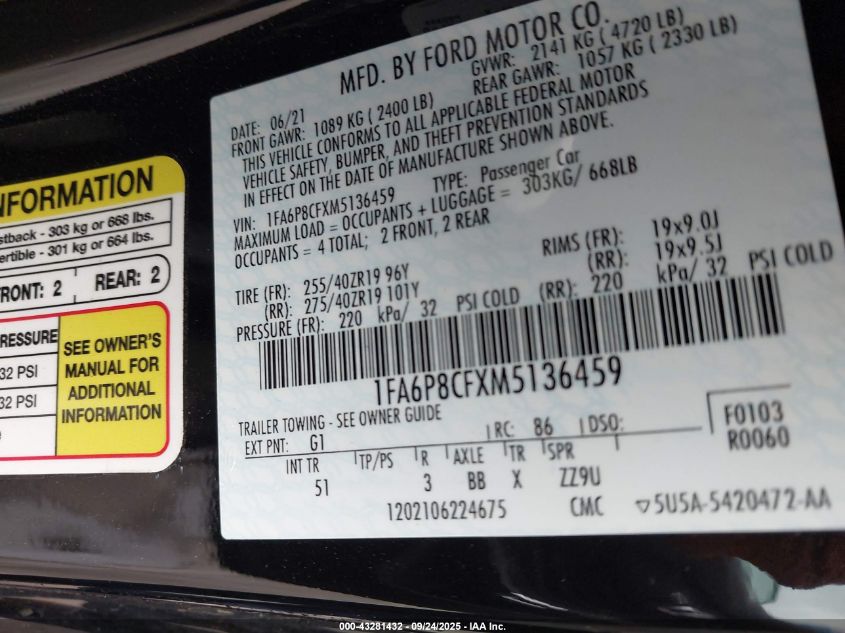 2021 Ford Mustang Gt Premium Fastback VIN: 1FA6P8CFXM5136459 Lot: 43281432