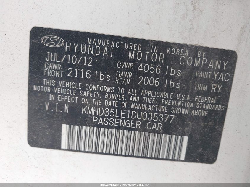 2013 Hyundai Elantra Gt VIN: KMHD35LE1DU035377 Lot: 43281438
