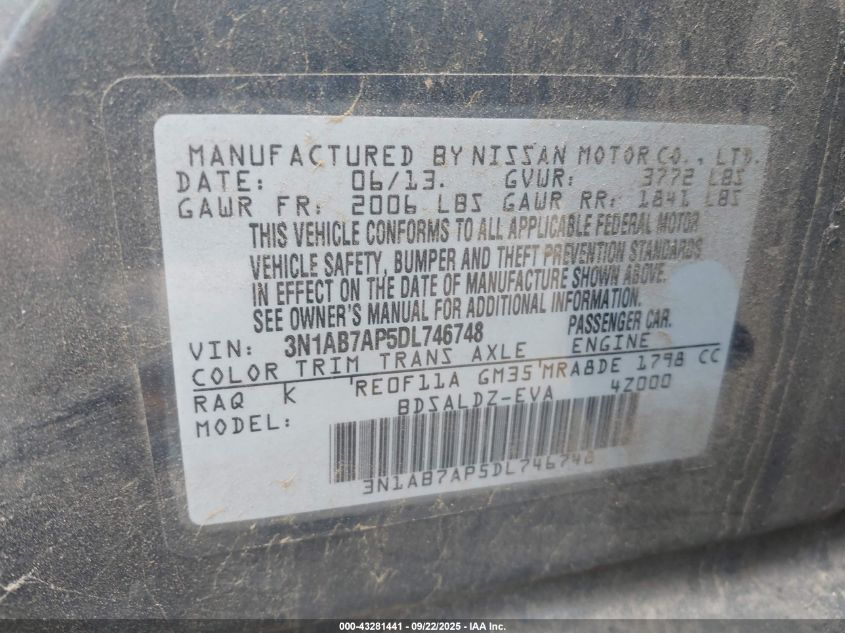 2013 Nissan Sentra Sv VIN: 3N1AB7AP5DL746748 Lot: 43281441