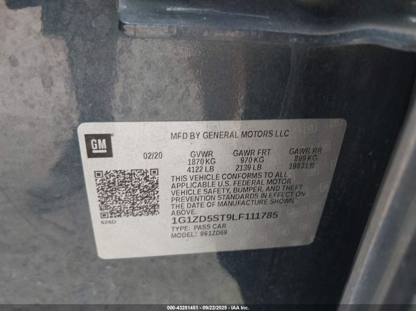 2020 Chevrolet Malibu Fwd Lt VIN: 1G1ZD5ST9LF111785 Lot: 43281451