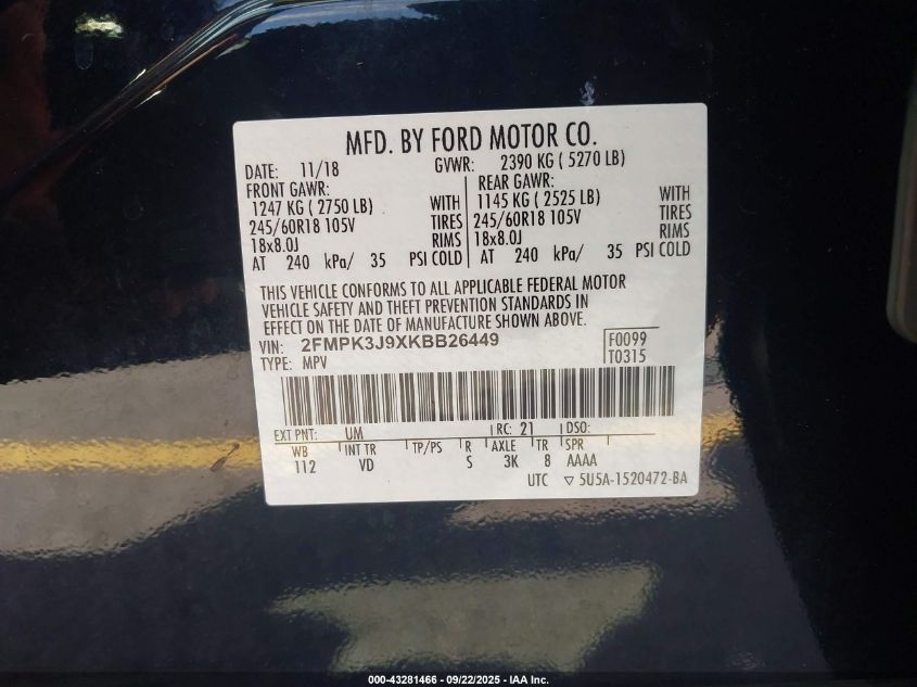 2019 Ford Edge Sel VIN: 2FMPK3J9XKBB26449 Lot: 43281466