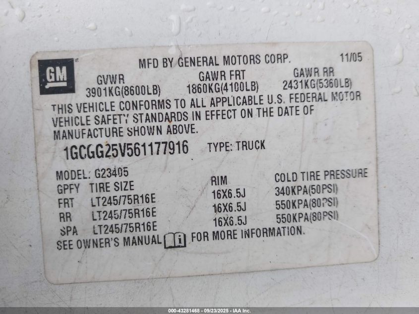 2006 Chevrolet Express Work Van VIN: 1GCGG25V561177916 Lot: 43281468