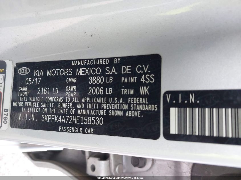 2017 Kia Forte Lx VIN: 3KPFK4A72HE158530 Lot: 43281484