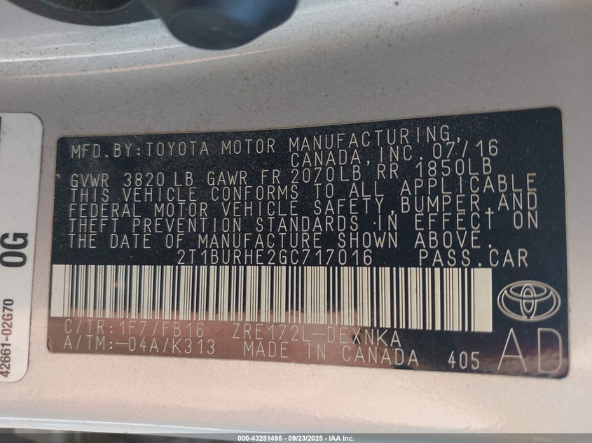 2016 Toyota Corolla Le VIN: 2T1BURHE2GC717016 Lot: 43281495