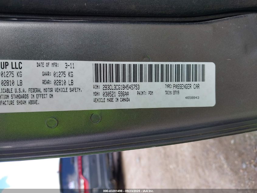 2011 Dodge Charger VIN: 2B3CL3CG1BH545753 Lot: 43281498