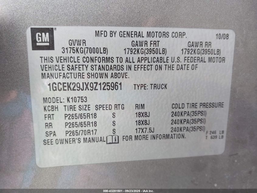 2009 Chevrolet Silverado 1500 Lt VIN: 1GCEK29JX9Z125961 Lot: 43281501