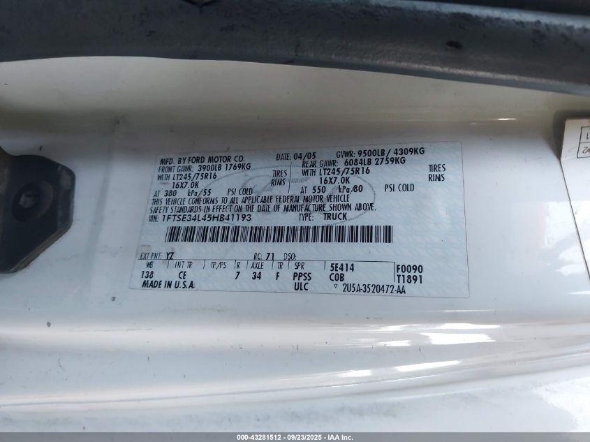 2005 Ford E-350 Super Duty Commercial/Recreational VIN: 1FTSE34L45HB41193 Lot: 43281512