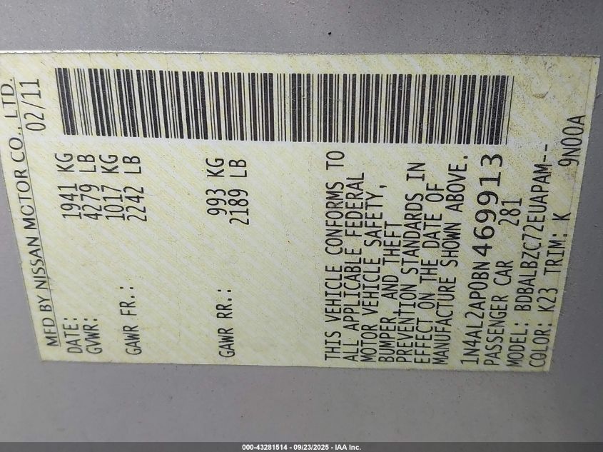 2011 Nissan Altima 2.5 S VIN: 1N4AL2AP0BN469913 Lot: 43281514