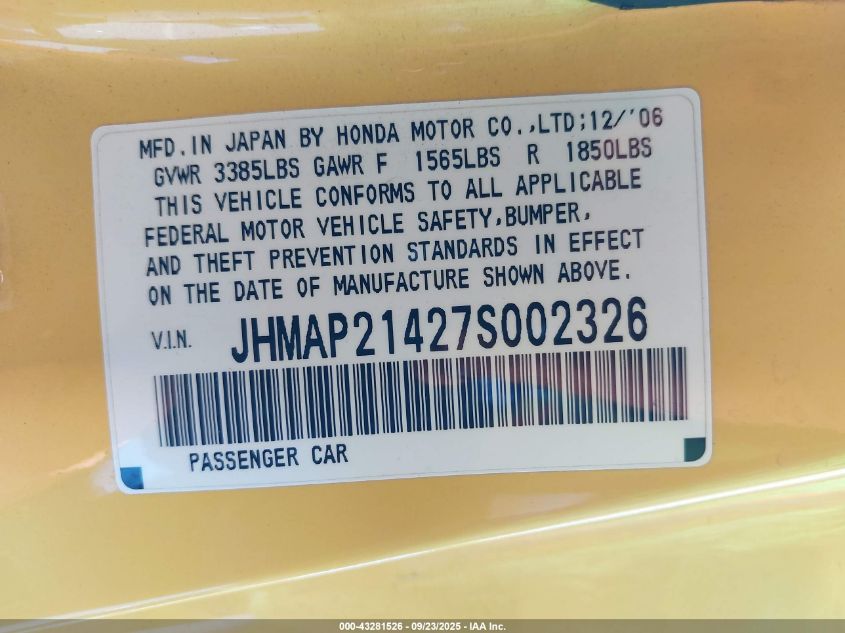 2007 Honda S2000 VIN: JHMAP21427S002326 Lot: 43281526