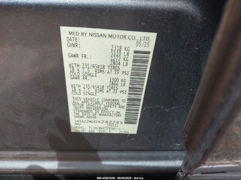 2015 Nissan Murano Sl VIN: 5N1AZ2MG4FN242245 Lot: 43281536