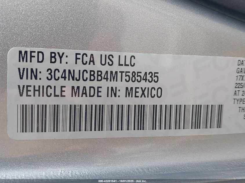 2021 Jeep Compass Latitude Fwd VIN: 3C4NJCBB4MT585435 Lot: 43281541