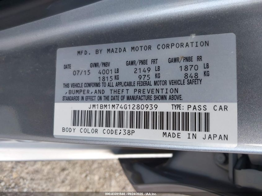 2016 Mazda Mazda3 I Touring VIN: JM1BM1M74G1280939 Lot: 43281544