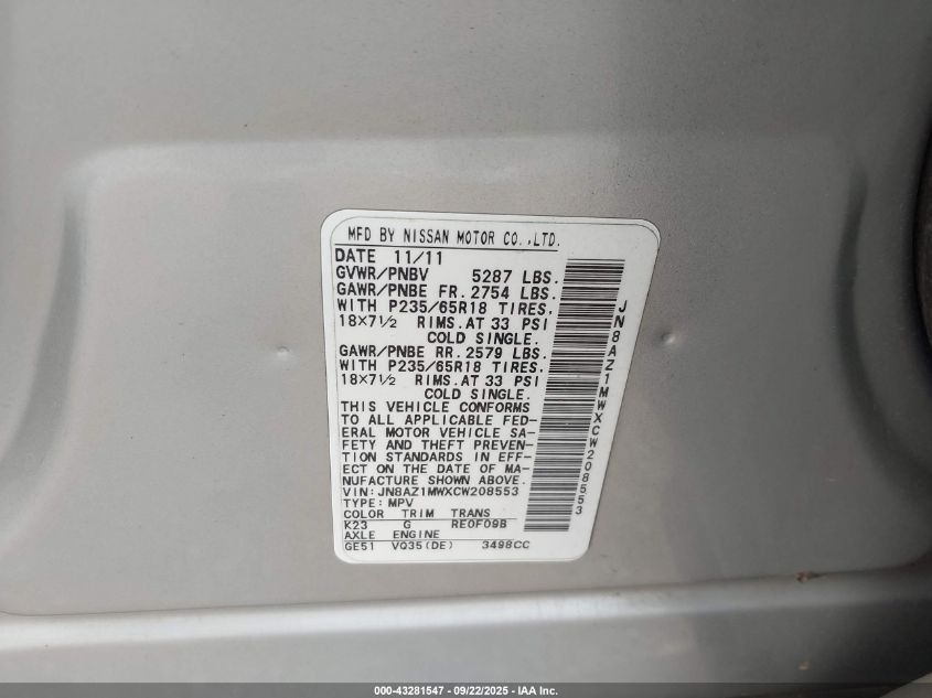 2012 Nissan Murano Sl VIN: JN8AZ1MWXCW208553 Lot: 43281547