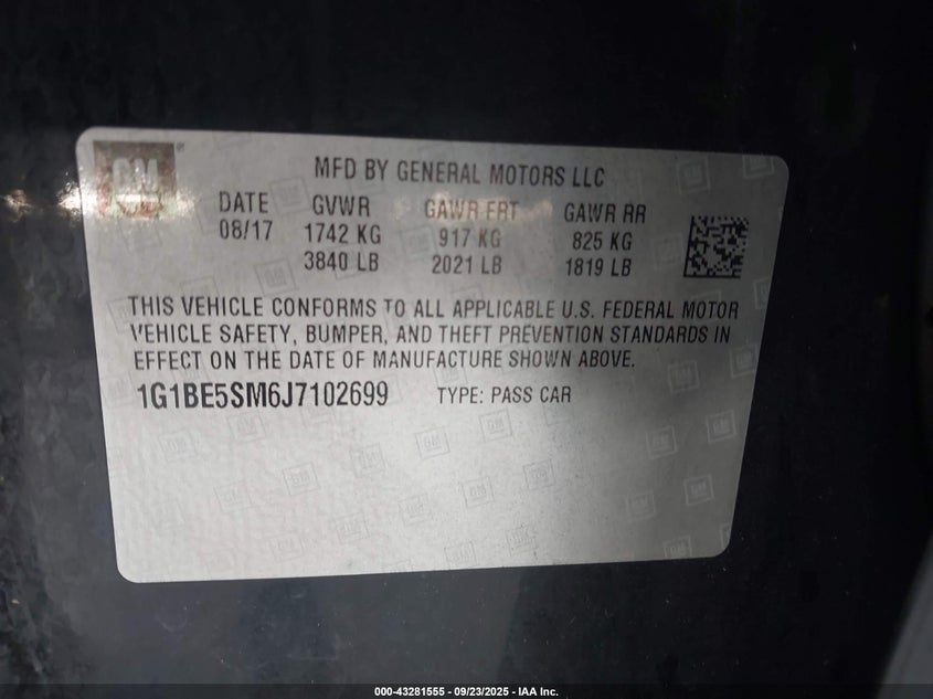 2018 CHEVROLET CRUZE LT AUTO 1G1BE5SM6J7102699