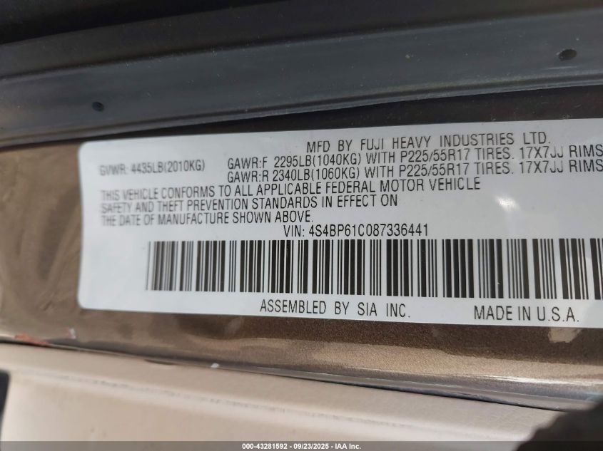 2008 Subaru Outback 2.5I/2.5I L.l. Bean Edition VIN: 4S4BP61C087336441 Lot: 43281592