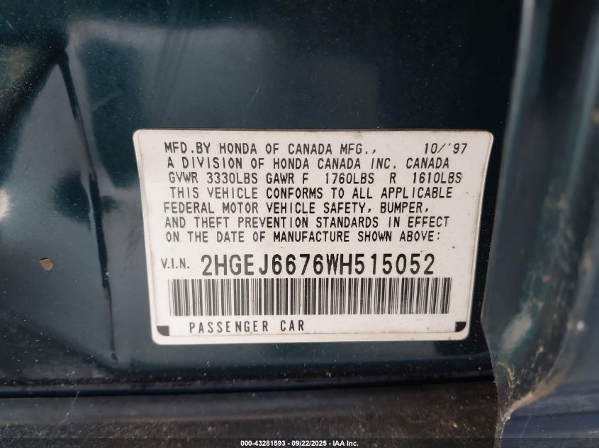 1998 Honda Civic Lx VIN: 2HGEJ6676WH515052 Lot: 43281593