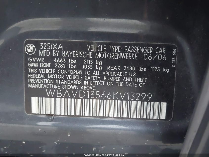 2006 BMW 325Xi VIN: WBAVD13566KV13299 Lot: 43281599