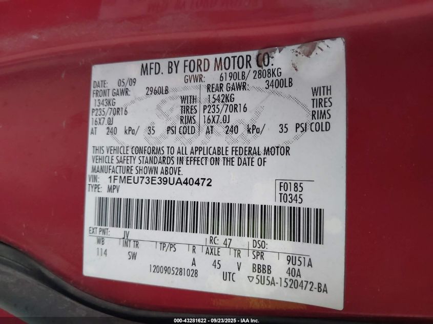 2009 Ford Explorer Xlt VIN: 1FMEU73E39UA40472 Lot: 43281622