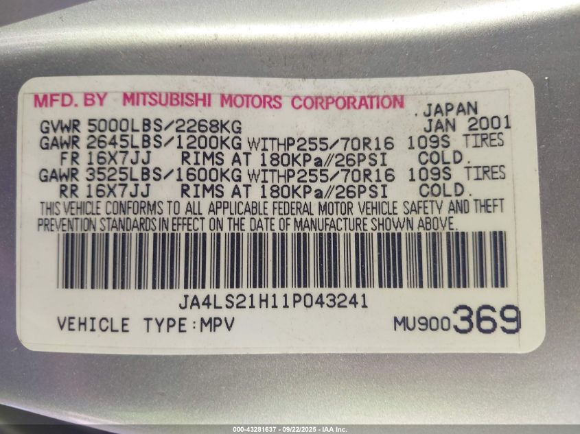 2001 Mitsubishi Montero Sport Es/Ls VIN: JA4LS21H11P043241 Lot: 43281637