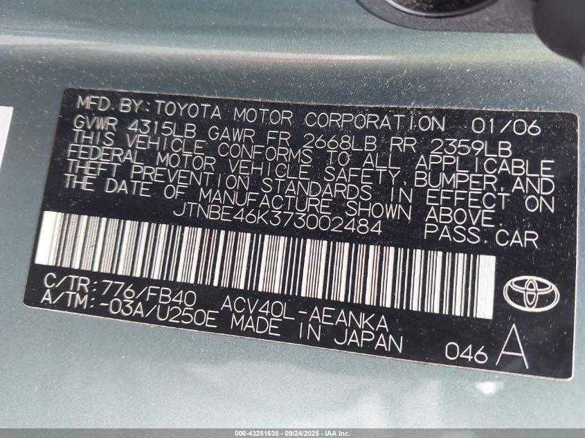 2007 Toyota Camry Le VIN: JTNBE46K373002484 Lot: 43281638