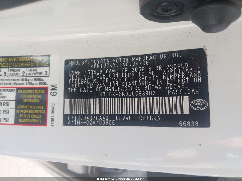 2009 Toyota Camry Xle V6 VIN: 4T1BK46K09U583982 Lot: 43281649