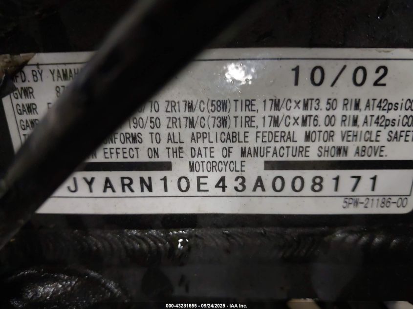 2003 Yamaha Yzfr1 VIN: JYARN10E43A008171 Lot: 43281655