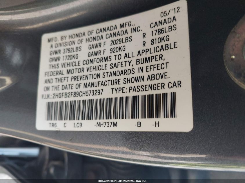 2012 Honda Civic Ex VIN: 2HGFB2F89CH573297 Lot: 43281661