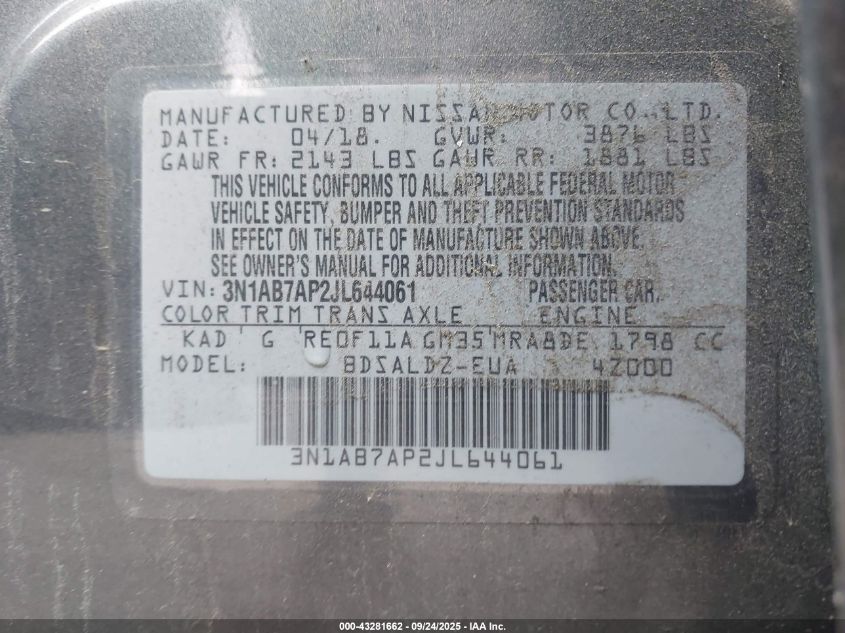 2018 Nissan Sentra Sv VIN: 3N1AB7AP2JL644061 Lot: 43281662