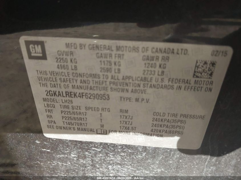 2015 GMC Terrain Sle-2 VIN: 2GKALREK4F6290953 Lot: 43281674