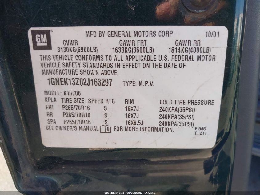 2002 Chevrolet Tahoe Lt VIN: 1GNEK13Z02J163297 Lot: 43281684