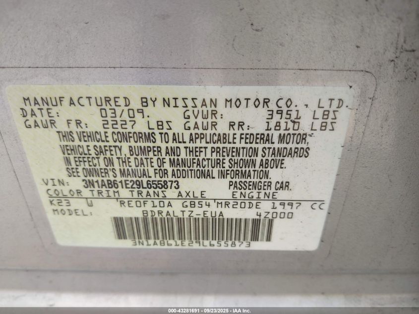 2009 Nissan Sentra 2.0S VIN: 3N1AB61E29L655873 Lot: 43281691