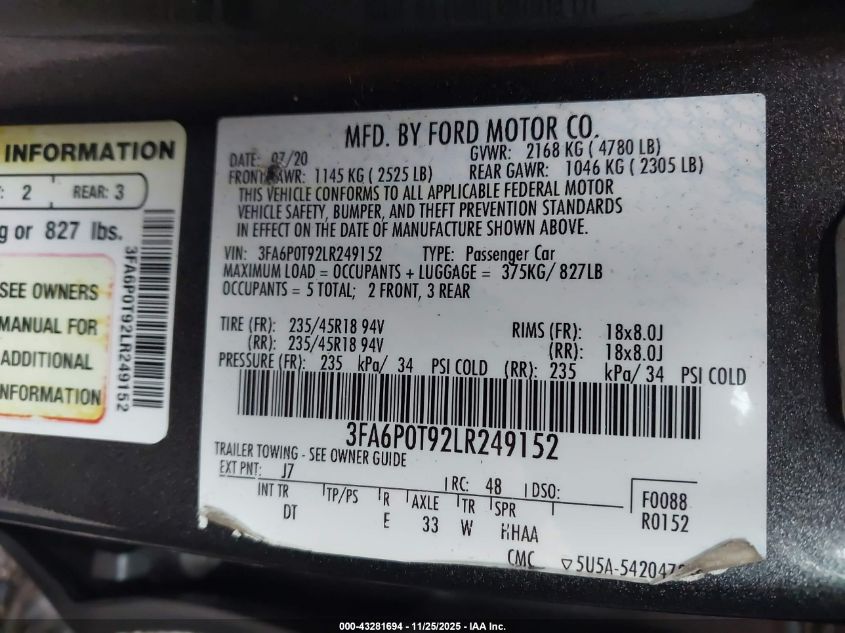 2020 Ford Fusion Se VIN: 3FA6P0T92LR249152 Lot: 43281694
