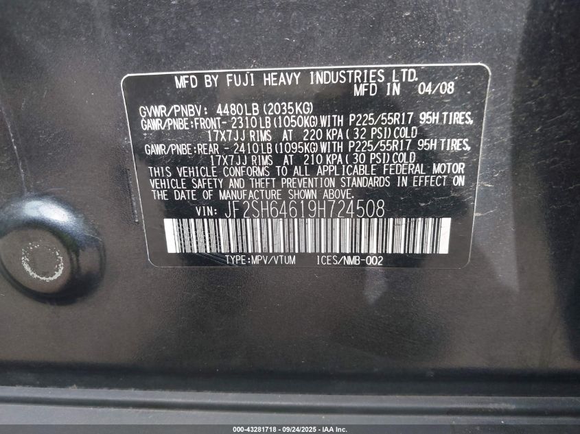 2009 Subaru Forester 2.5X Limited VIN: JF2SH64619H724508 Lot: 43281718