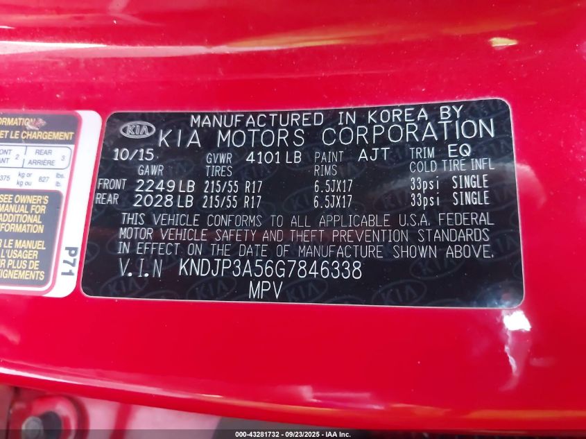 2016 Kia Soul + VIN: KNDJP3A56G7846338 Lot: 43281732