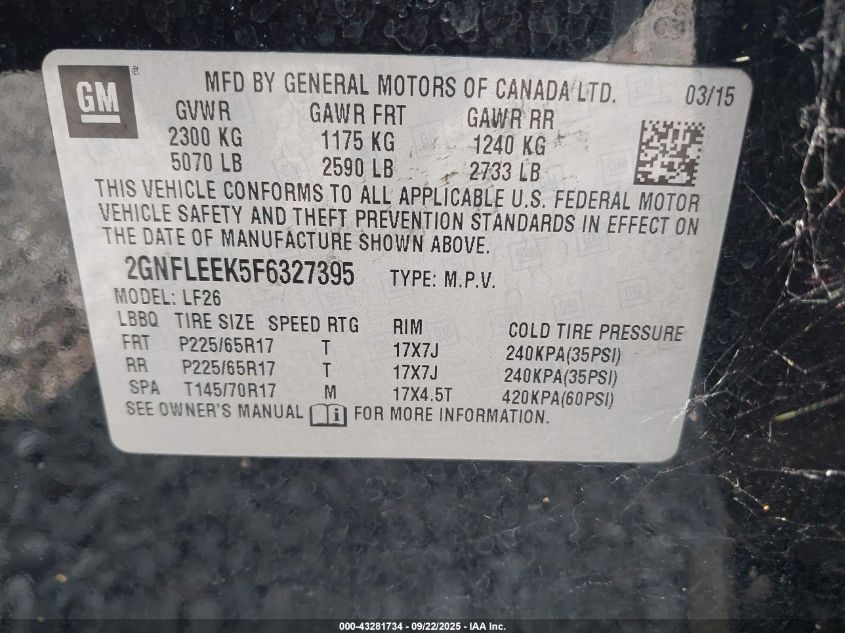 2015 Chevrolet Equinox Ls VIN: 2GNFLEEK5F6327395 Lot: 43281734