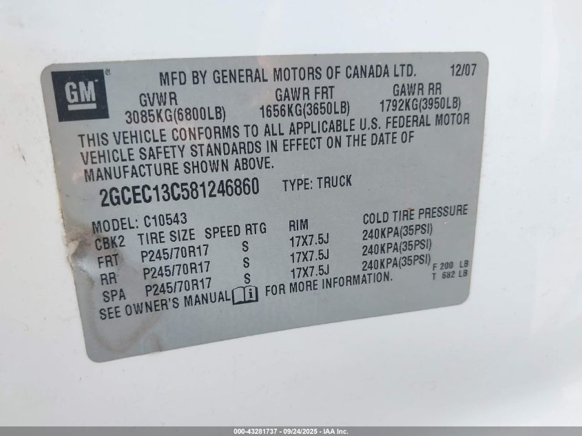 2008 Chevrolet Silverado 1500 Lt1 VIN: 2GCEC13C581246860 Lot: 43281737