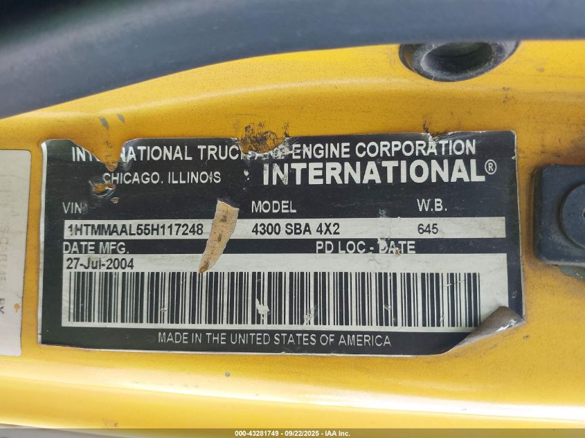 2005 International 4000 4300 VIN: 1HTMMAAL55H117248 Lot: 43281749
