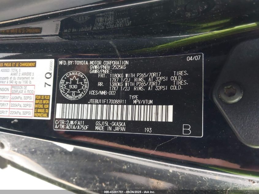 2007 Toyota Fj Cruiser VIN: JTEBU11F170088911 Lot: 43281751