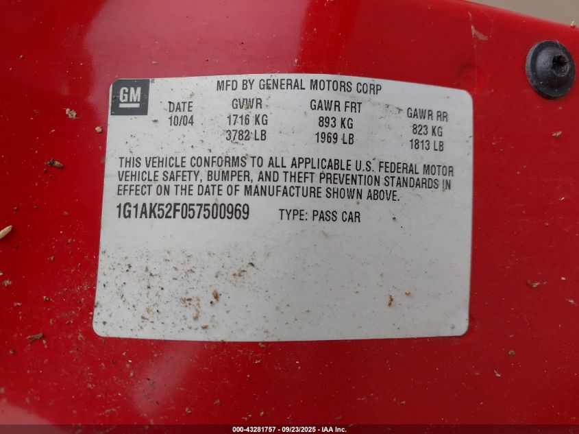2005 Chevrolet Cobalt VIN: 1G1AK52F057500969 Lot: 43281757