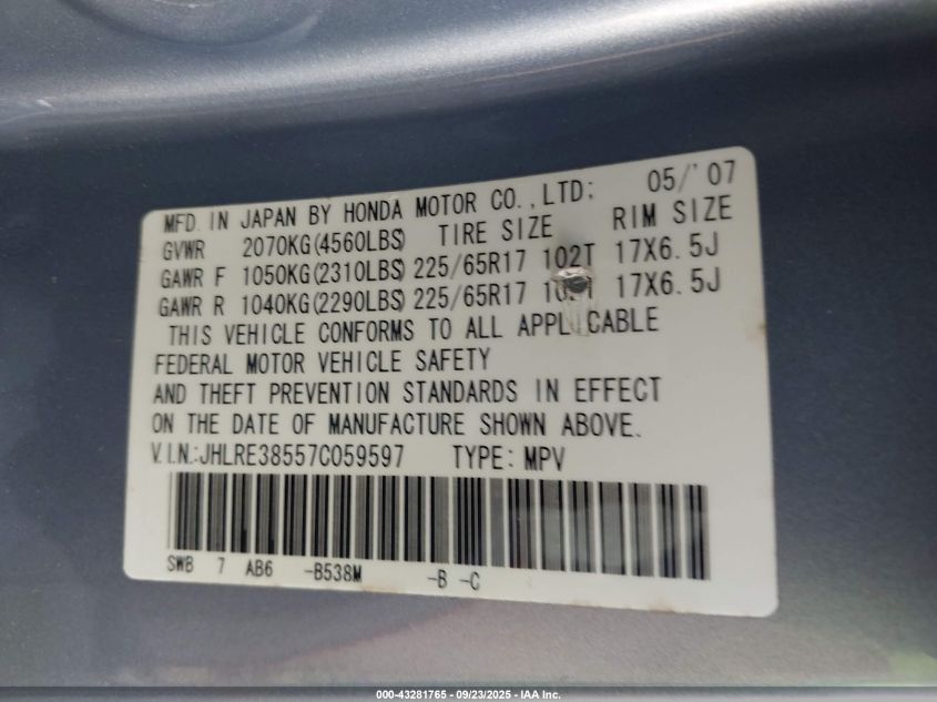 2007 Honda Cr-V Ex VIN: JHLRE38557C059597 Lot: 43281765