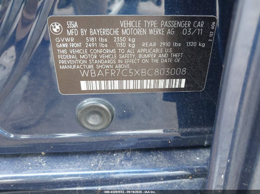 2011 BMW 535I VIN: WBAFR7C5XBC803008 Lot: 43281773